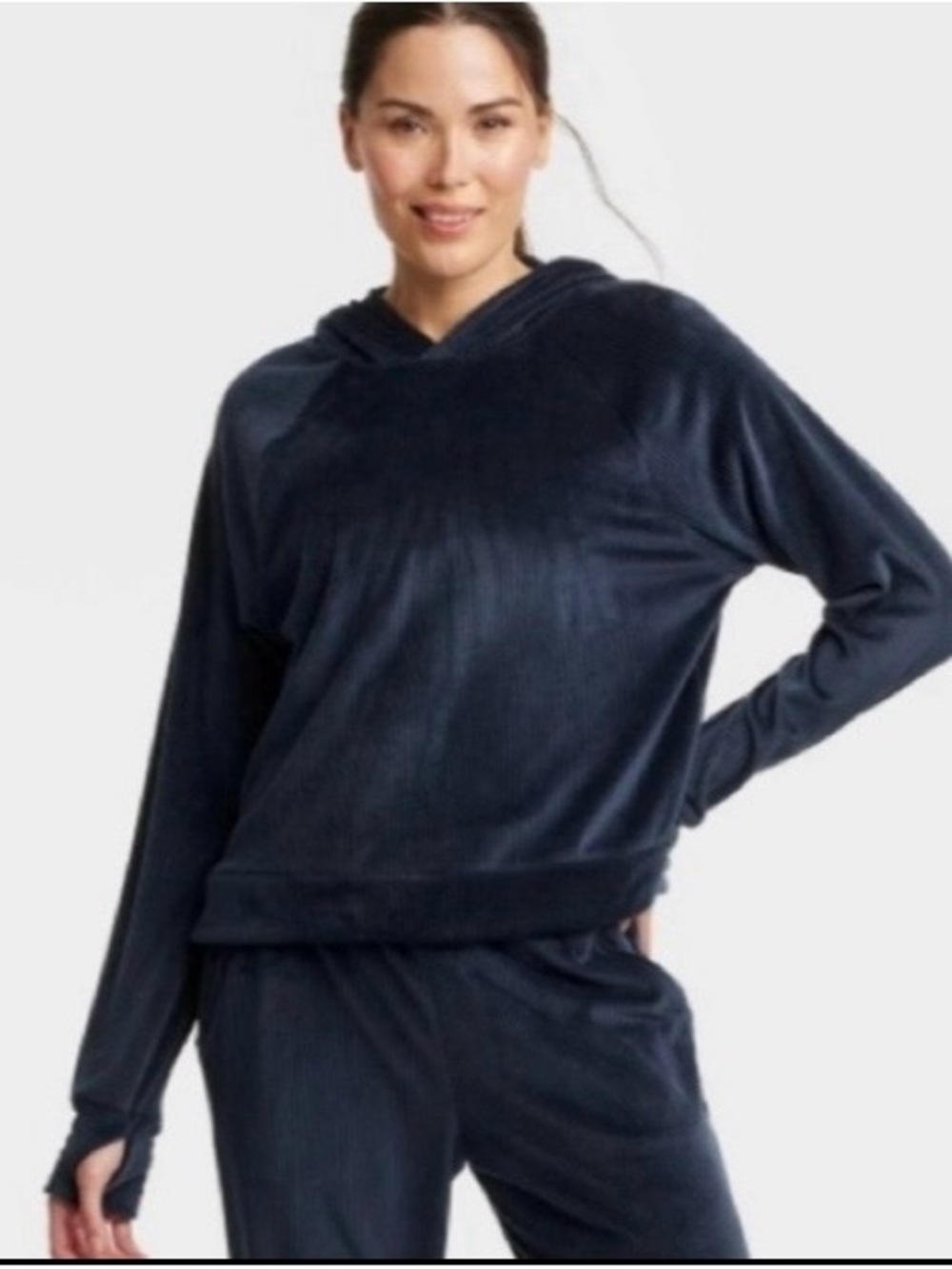 All in Motion Women's Velour Ribbed Hooded Sweatshirt Navy Blue Size XL new